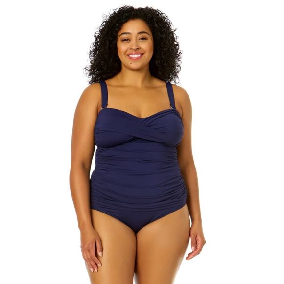 Anne Cole Navy Twist Front Bandeaukini Swim Top 22W NWT - Picture 2 of 8